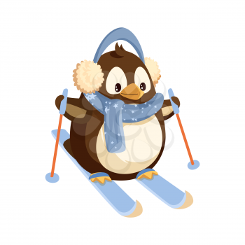 Penguin in earmuffs and scarf on skis with sticks. Winter sport, Arctic bird in warm outfit doing sport. Polar animal, Christmas holiday isolated vector.