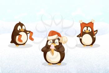 Penguins hipster animals with Santa stockings, in hat with pompoms and sweet ice cream on snowy landscape. Cartoon animals on North Pole, vector