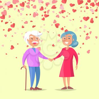 Smiling elderly man holding woman hand on white. Valentine grandparents day, feelings between old people, romantic day. Card decorated hearts vector