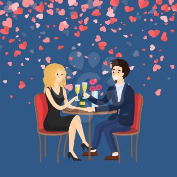 Couple in evening clothes sitting at table drinking champagne. Man holding hand of woman and saying toast. Card decorated red hearts, Valentine day vector