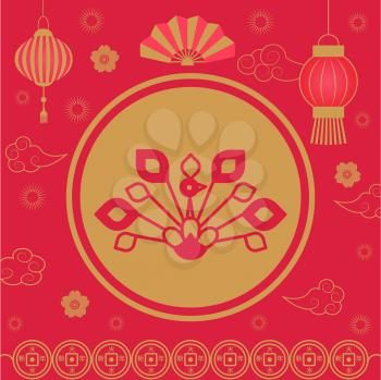 2019 Chinese New Year holiday spring festival vector. Floral elements, lantern made of paper, origami and hand fan. Clouds and flowers in bloom flourishing