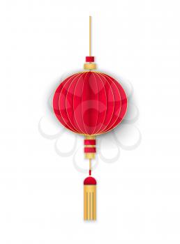 Hanging red paper lantern in realistic style isolated on white with shadow. Classic Chinese decoration for New Year, 3d japanese lamp vector icon