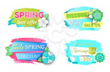 Spring best offer promo labels, only today best prices, shop clearance price tags vector isolated icons. Springtime discounts, sale from 15 to 30 percent off