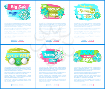 Sale web posters with spring blooming flowers collection. Pages mockups with text sample, discount, 30, 45 and 50 percent off. Promo leaflets sets, vector