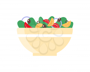 Salad dish in bowl, healthy food vector icon. Cooking vegetables and greens in flat style on white. Seasonal light food, homemade colorful nutrition