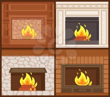 Fireplaces in classic styles wooden and stone decoration vector. Set of furnaces of open kind, burning logs orange flames. Carved ornamental decor interior