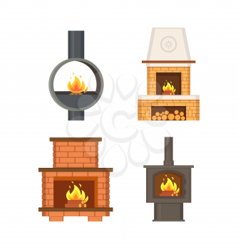 Fireplace with logs and fire flames isolated icons set vector. Contemporary home interior, stove made of metal and bricks, with chimney ventilation