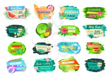 Summer big sale banners set. Posters with leaves of trees, cocktails and fruits. Watermelon and pineapple, surfing board and volleyball ball vector