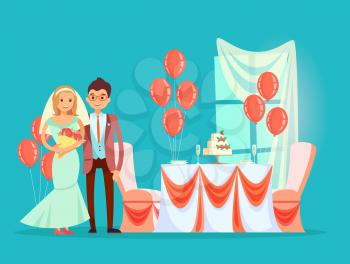 Wedding reception vector, marriage celebration of couple in restaurant. Bride and groom with flower bouquet, cake dessert with strawberries cream