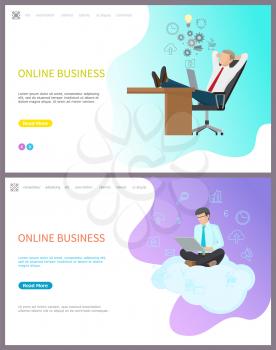 Online business, boss relaxing at workplace set of web with text vector. Creative thoughts of worker, businessman sitting on cloud working on laptop