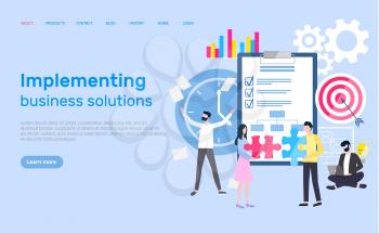 Implementing business solution website with info vector. Clipboard with checklist and ticks, gears and aim goal of workers to reach. Plan and analysis