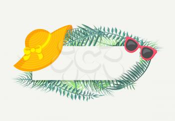 Banner with green tropical leaves, summer hat and sunglasses. Vector isolated frame with spare place for text, exotic foliage and summertime attributes