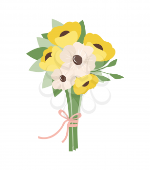 Flowers tied with ribbon vector, isolated icon of bouquet, yellow and white color. Blooming and foliage, flora and blossom of spring, daisybushes