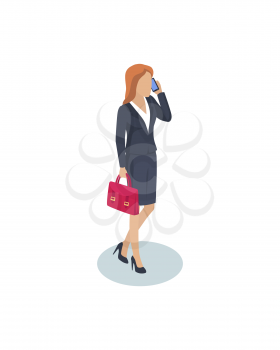 Woman businesswoman icon closeup. Manager talking on phone discussing issues on cell. Female wearing formal suit carrying briefcase isolated on vector