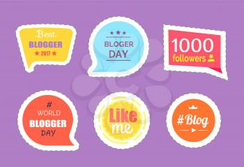 Blogger day and followers statistics isolated stickers vector. Profile of user, like me patch, stars lines. Chatting box and thought bubbles with text