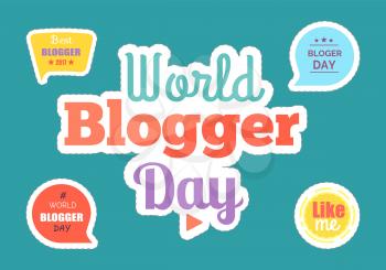 World blogger day stickers and boxes isolated icons set vector. Blogging and online communication, website and web technologies, video sign and bubble