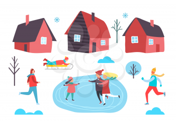 Winter people skating on frozen ice, houses set vector. Seasonal activities of family, kid riding sledges and man jogging. Snowflakes and snowy trees
