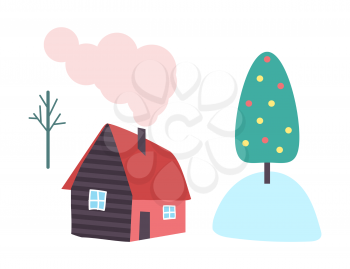 Country house with chimney and smoke from pipe vector isolated. Cottage with window and door, rural home in countryside, tree in snow, Christmas concept