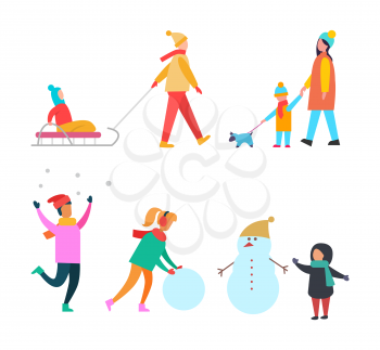 Winter activities people and family set vector. Snowman building, mother with big ball of snow. Walking dog, child sitting on sledges, skating hobby