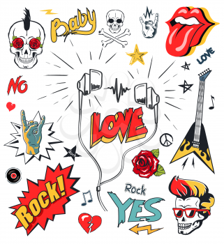 Headphones, earphones and stylized stickers icons vector. Accessory and skull with roses, rock signs and symbols of peace. Start and electric guitar