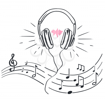 Headphones and sheet music with notes, monochrome sketches outline isolated vector line art. Headset earphone with adjustable headband, stereo audio volume