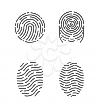 Security and prints of fingers to pass access. Identification fingerprints sketches set icons vector. System of bio recognition, identifying methods