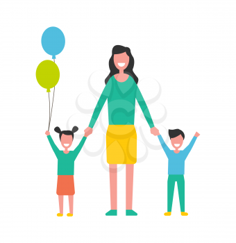 Woman taking care about kids, mother with boy and girl children. Cartoon characters, daughter with color balloons and son raises hands up vector isolated