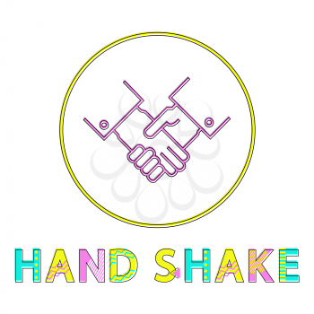 Hand shake partnership gesture color round framed line art icon. Deal or agreement, teamwork or greeting sign vector illustration for isolated on white.