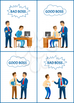 Good and bad boss, director with office workers set vector. Chief executive giving reprimand to novice, leader praising programmer man by computer