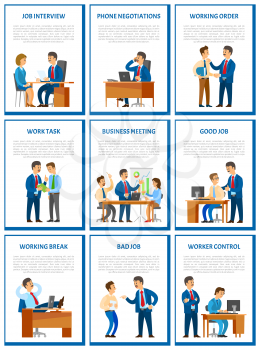 Business meeting and job interview with candidate in office vector. Dismissal of workers, rebukes working orders tasks. Break at work, relaxing chief