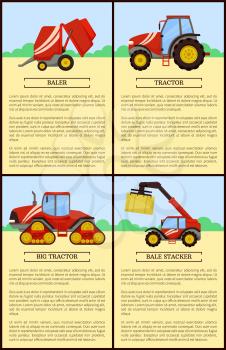 Tractor and baler agricultural machines isolated icons vector set. Bale stacker and big excavator. Machinery to easy farming work., farm mechanisms