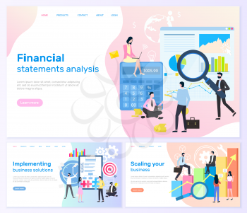 Financial statements analysis, implementing business solutions vector. Business banners, scaling your business with charts accounting and teamwork