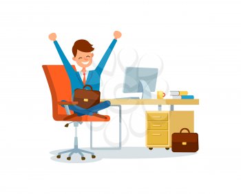Business worker at workplace, businessman working at office vector. Man happy to work, boss holding briefcase sitting on chair by desk with laptop pc