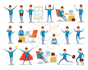 Man busy with work, businessman characters at work vector. Superhero and director talking on phone. Presenter on meeting, employer with plan in office