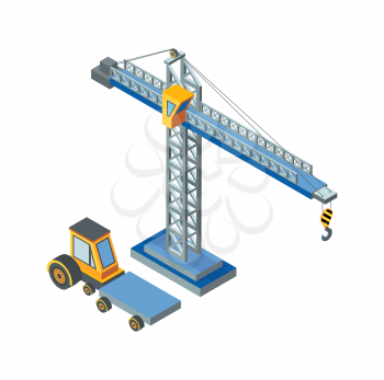 Construction machinery, lifting crane working isolated icon vector. Industry equipment, mechanical devices, automobile with cargo transportation place