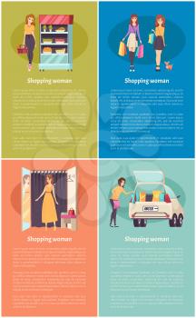 Shopping women in grocery store with basket and food poster set vector. Changing room in clothes shop, ladies with purchases bags, cars with goods