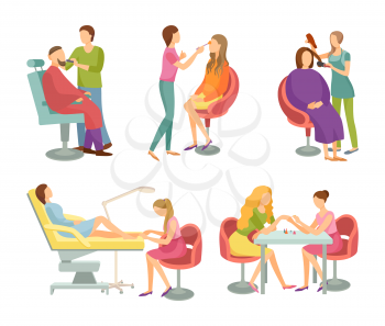 Spa salon treatment and procedures isolated icons set vector. Barber for man fashion and style, hair stylist and pedicurist, manicurist nails care