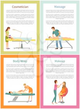 Cosmetician face procedure and massage by experienced masseur. Posters set with text sample, beauty industry, visage and body wrap service vector