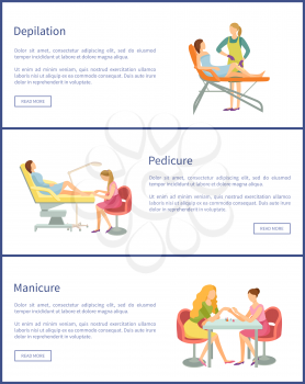 Pedicure and manicure procedures, posters set with text vector. Nail polishing of fingernails and toes, manicurist and pedicurist. Depilation with wax