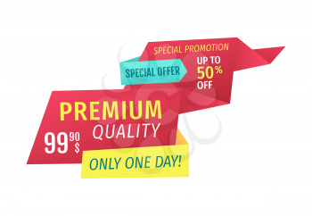 Premium quality only one day special offer promotion from selling store. Save up to 50 dollars with clearance discount. Ribbons isolated on vector