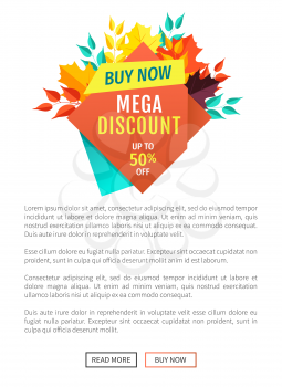 Mega discount buy now poster and banner. Reduction of price autumnal offer super quality of natural products discounts and sellout of goods vector