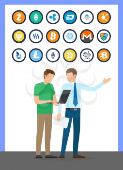Bitcoin currencies, set and working people vector. Isolated icons of monero and bitshare, dogecoin and litecoin. Boss and busy worker with laptop