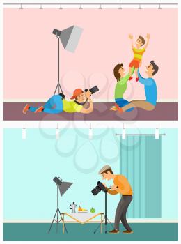 Photographer taking picture of parents and kid, cameraman photographing food making still life pictures, cameraman freelancer working in photo studio vector