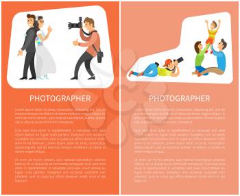 Wedding photographer and family photosession banners. Photo of bride next to groom, mother with father holding child vector posters with text sample