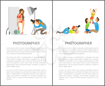 Family photo session, kid and parents. Photographing of mother with father raising child, woman in bikini red swimsuit vector posters with text sample
