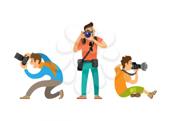 Photographers making picture with modern digital cameras from bottom and front angles. Journalists or paparazzi taking photos vector illustrations.
