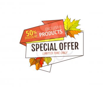 Autumn or fall, half price advertising label with foliage and green and orange leaf vector emblem. Limited time only buy now discount promo label isolated.
