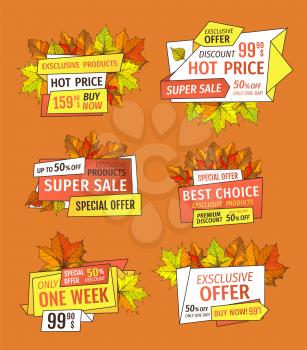 Prices off on Thanksgiving day, exclusive offer buy now labels with maple and oak tree leaves. Vector autumn sale tags yellow foliage isolated emblems