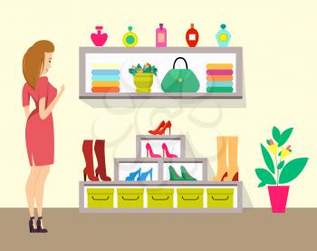 Woman choosing boots in store, ladies shop vector. Shopping customer looking on boots and accessories on shelves. Handbags and perfumes in bottles
