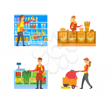 Supermarket bakery and fruits department with salesperson vector. Cleaner and merchandiser, breads and buns, melon and apples. Drinks in packages